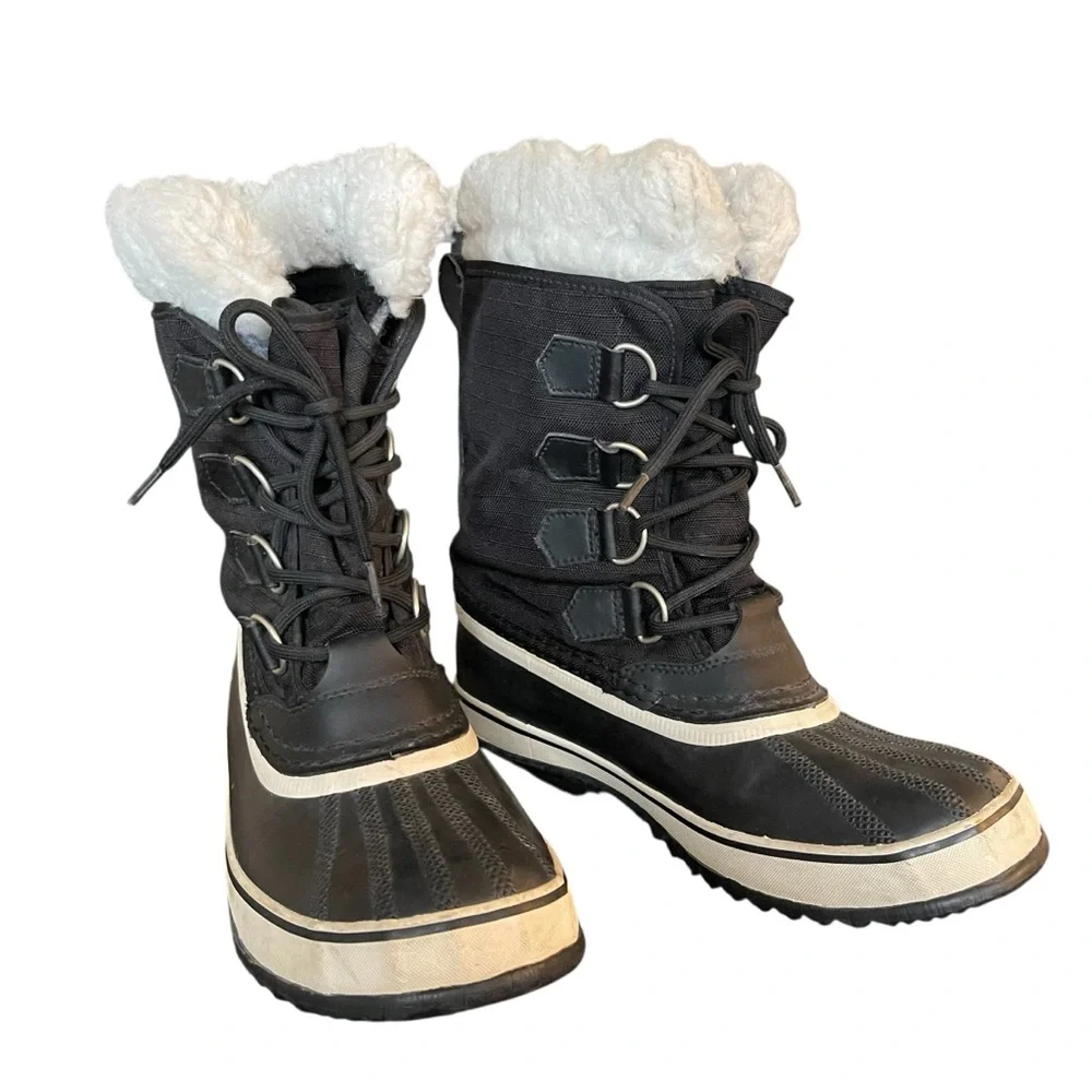 Sorel Black/White Winter Carnival Waterproof Faux Shearling Lace Up Boots (7) - Picture 9 of 15